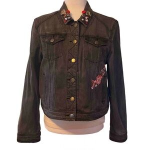 Velvet Heart Black Denim Jacket with Red Floral Detail